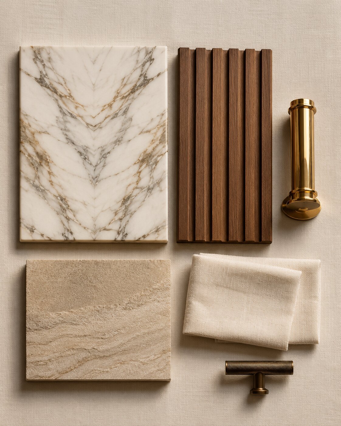Materials collage — marble, wood, stone, brass